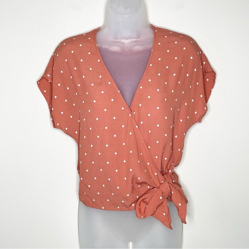 NWT MADEWELL Sash-Tie Wrap Top Blouse in Polka Dot Peach & white size xs - Picture 2 of 7